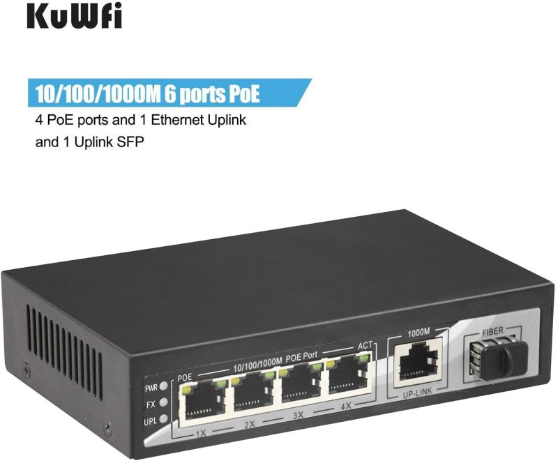 KuWFi firmware Gigabit Ethernet Network Switch Plug &amp; Play High Speed with 4 PoE Ports and 1 Ethernet Uplink and 1 Uplink Fiber for IP Camera and Acce