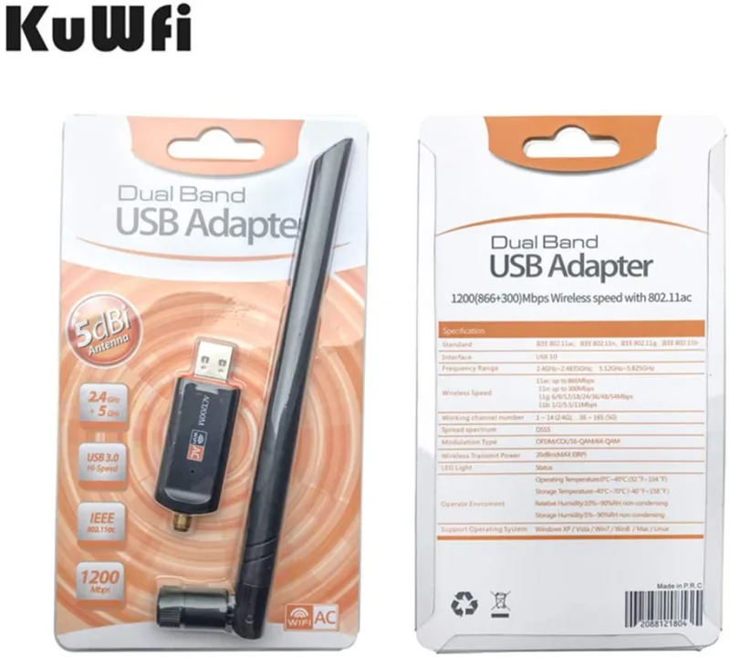 KuWFi USB WiFi Adapter 1200mbps LAN Dongle 2.4GHz 5.8GHz Wireless-AC Network Card Dual Band Antenna for Desktop MAC/Liunx OS/Windows7/8/10