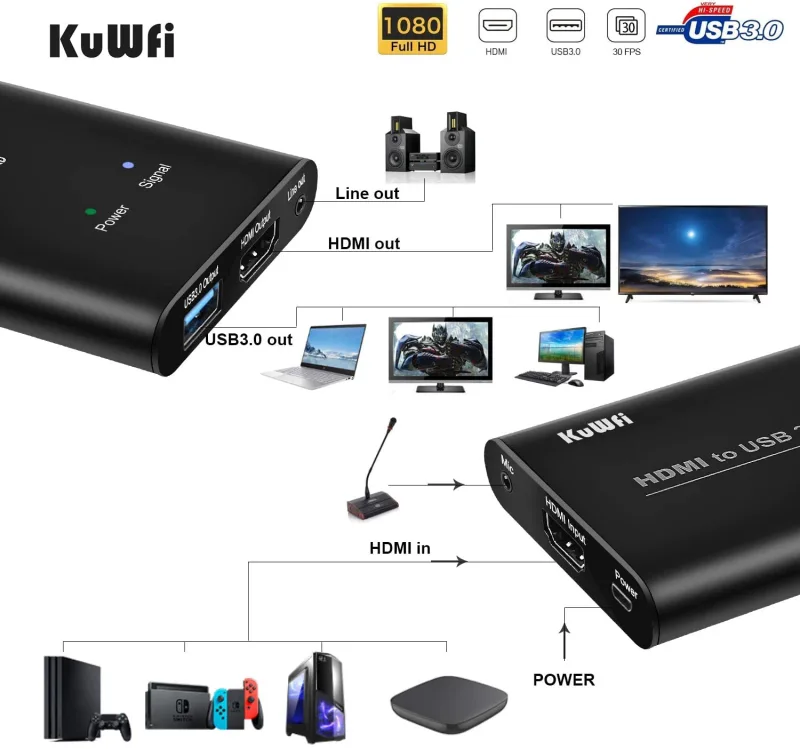 KuWFi Game Video Capture Device Card HDMI to USB3.0 HD Video Converters Game Streaming Live Stream Broadcast HD 1080P with MIC Input&amp;Live Out for PS4