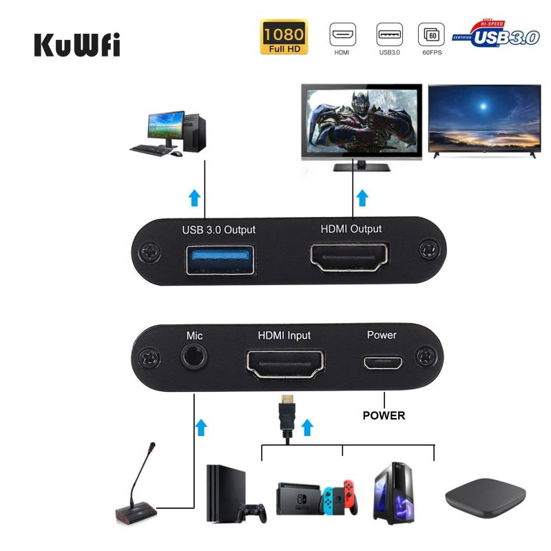 KuWFi HDMI USB Video Capture Device Card HD Video Converters Live Stream Broadcast 1080P with MIC Input Drive-Free for Live Video