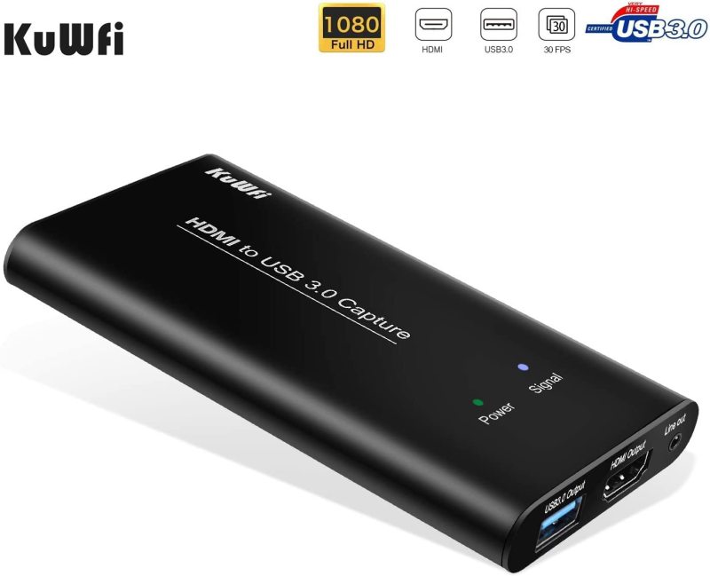 KuWFi Game Video Capture Device Card HDMI to USB3.0 HD Video Converters Game Streaming Live Stream Broadcast HD 1080P with MIC Input&amp;Live Out for PS4