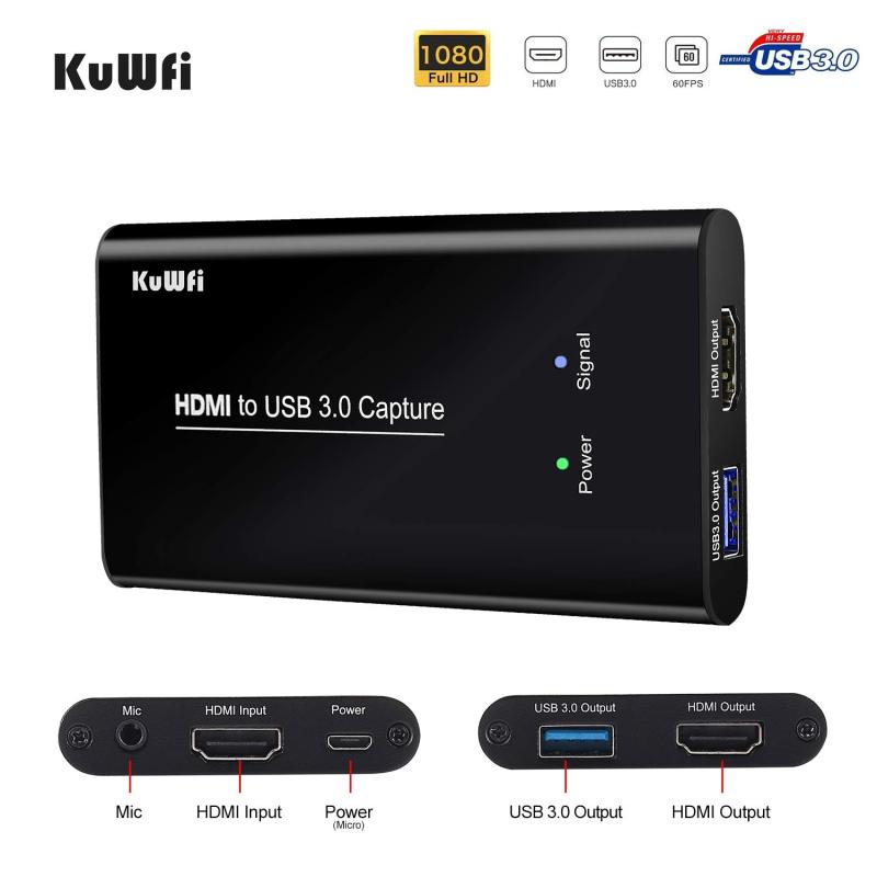 KuWFi HDMI USB Video Capture Device Card HD Video Converters Live Stream Broadcast 1080P with MIC Input Drive-Free for Live Video
