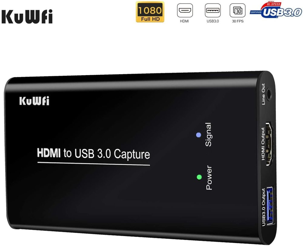 KuWFi Game Video Capture Device Card HDMI to USB3.0 HD Video Converters Game Streaming Live Stream Broadcast HD 1080P with MIC Input&Live Out for PS4