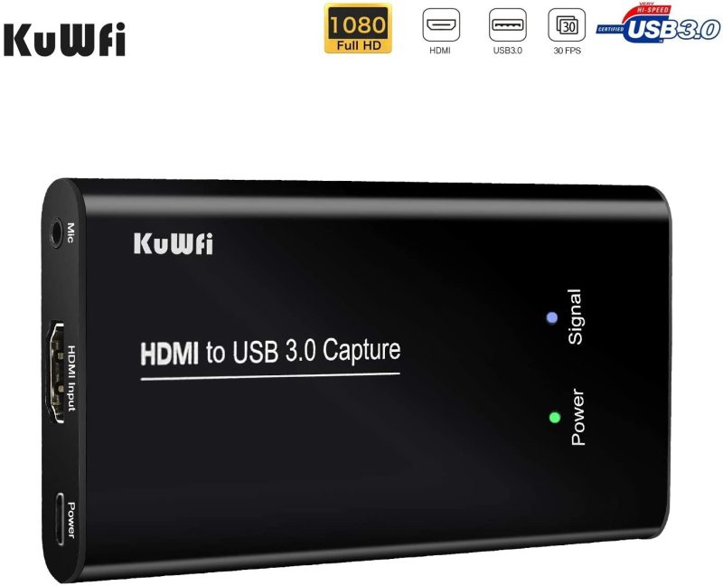 KuWFi Game Video Capture Device Card HDMI to USB3.0 HD Video Converters Game Streaming Live Stream Broadcast HD 1080P with MIC Input&amp;Live Out for PS4