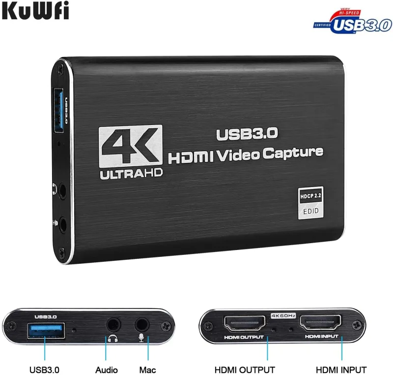 KuWFi Audio Video Capture Card HDMI to USB3.0 4K 1080P Video Recording Converter Box for Game Streaming Live Broadcasts