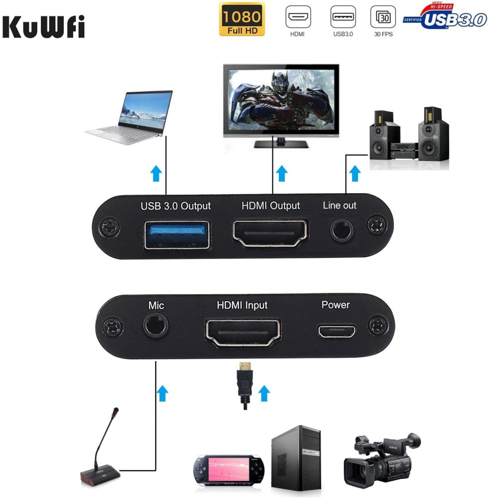 KuWFi Game Video Capture Device Card HDMI to USB3.0 HD Video Converters Game Streaming Live Stream Broadcast HD 1080P with MIC Input&Live Out for PS4