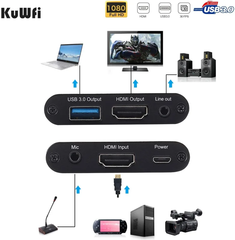 KuWFi Game Video Capture Device Card HDMI to USB3.0 HD Video Converters Game Streaming Live Stream Broadcast HD 1080P with MIC Input&amp;Live Out for PS4