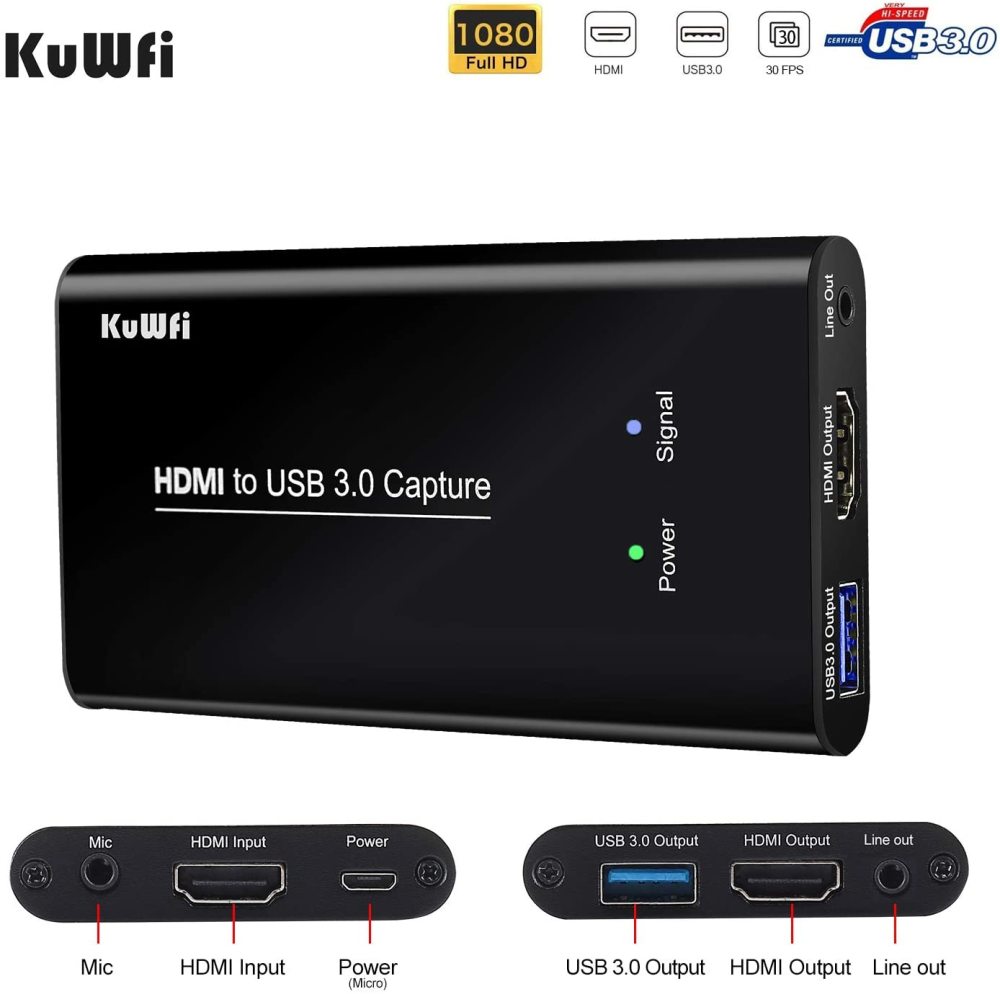 KuWFi Game Video Capture Device Card HDMI to USB3.0 HD Video Converters Game Streaming Live Stream Broadcast HD 1080P with MIC Input&Live Out for PS4