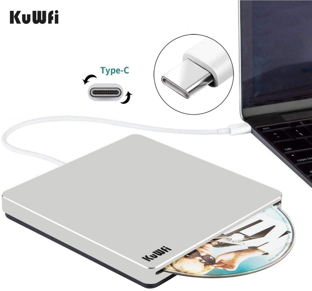 KuWFi Plug & Play Blu Ray Drive USB Type-C DVD/CD Burner is Powered by the USB type C, With touch eject button, slot-loading; No driver program or ext