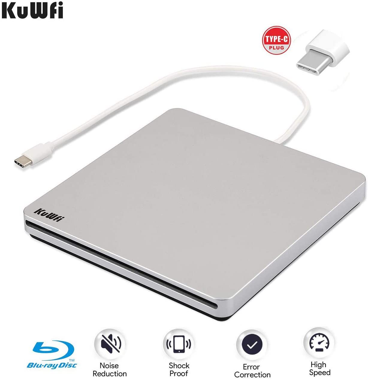 KuWFi Plug & Play Blu Ray Drive USB Type-C DVD/CD Burner is Powered by the USB type C, With touch eject button, slot-loading; No driver program or ext