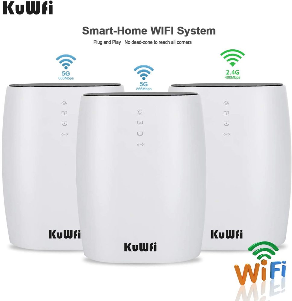 KuWFi Whole Home Mesh WiFi System 3-Pack AC3600 High Speed Seamless Roaming WiFi Network Dual Band 2.4G&5.8G Router for Whole Home Coverage