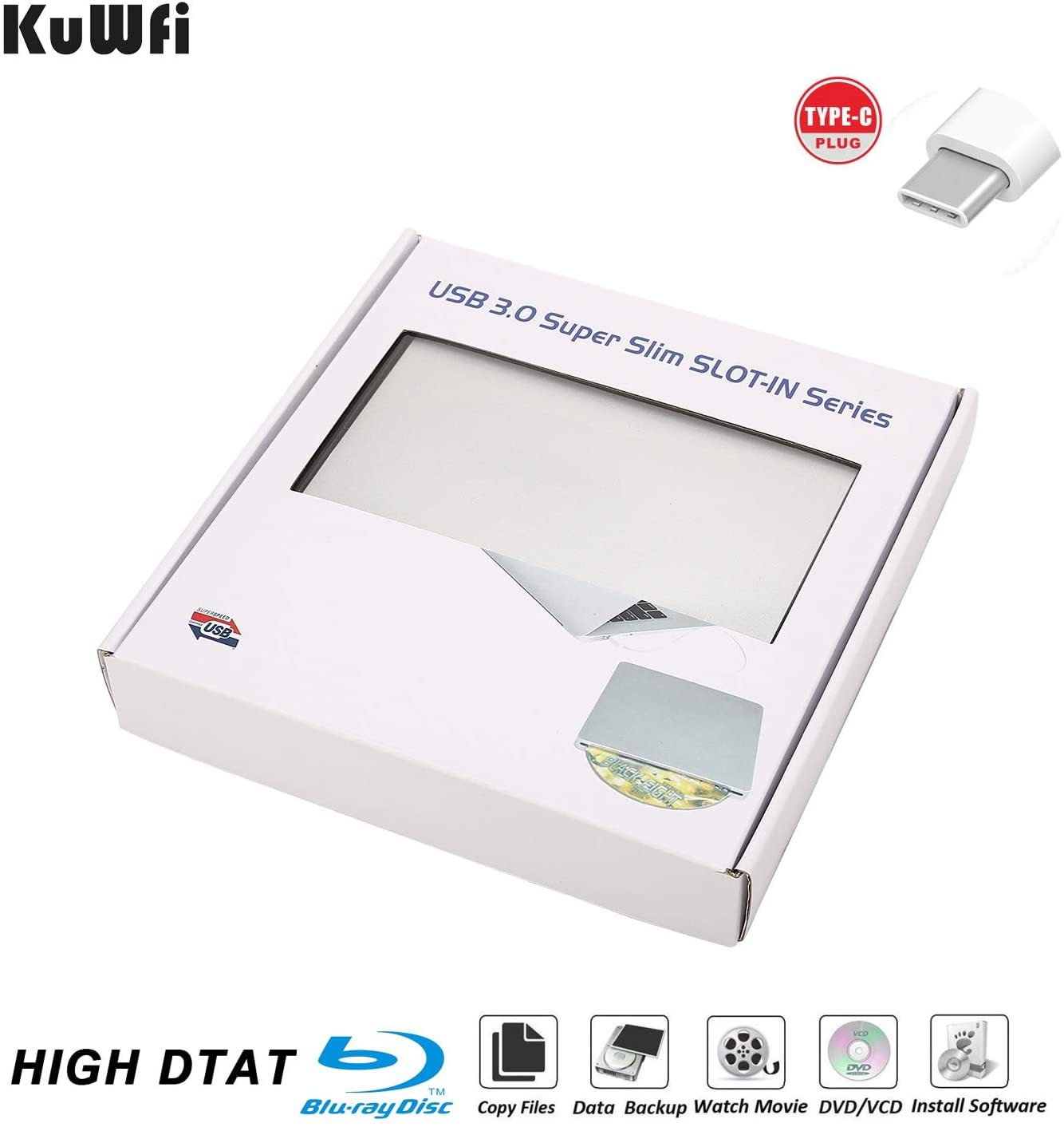 KuWFi Plug & Play Blu Ray Drive USB Type-C DVD/CD Burner is Powered by the USB type C, With touch eject button, slot-loading; No driver program or ext