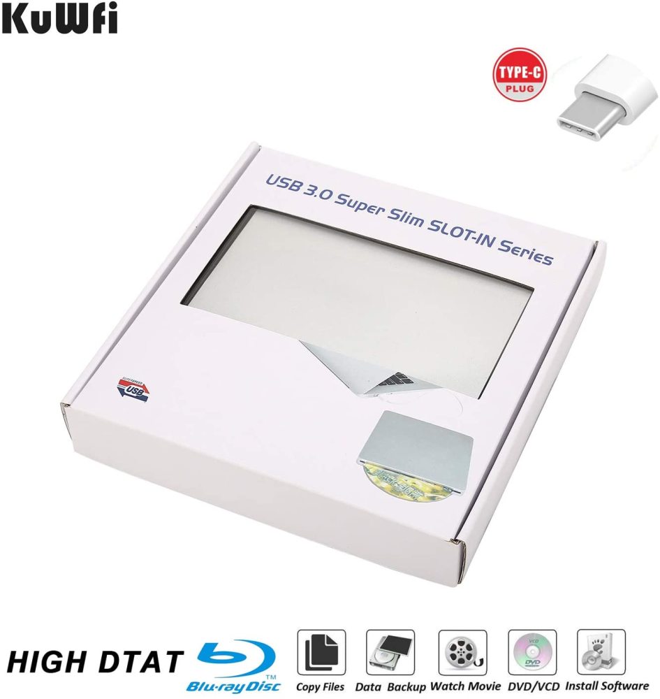 KuWFi Plug & Play Blu Ray Drive USB Type-C DVD/CD Burner is Powered by the USB type C, With touch eject button, slot-loading; No driver program or ext