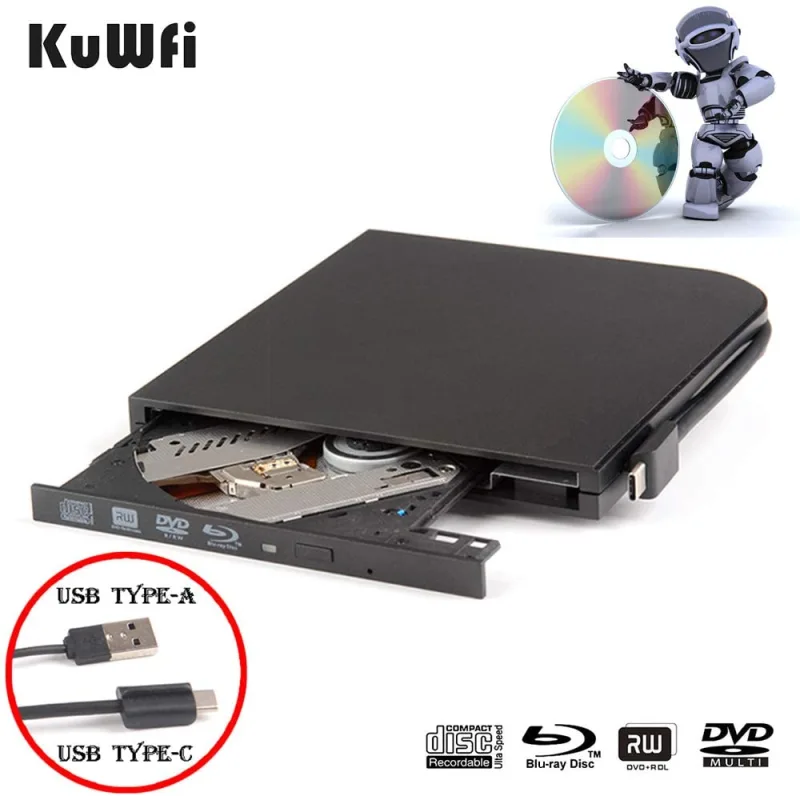 External Blu Ray DVD Drive KuWFi Player for Laptop USB3.0 Type-A &amp; Type-C Dual interfaces Portable Slim Automatic Slot-Loading CD/DVD-RAM Superdrive B