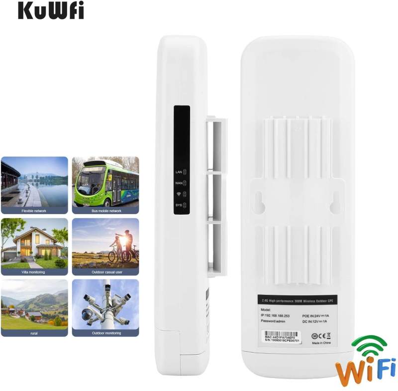 KuWFi Outdoor CPE WiFi 300Mpbs 2.4G Waterproof Outdoor CPE 1W High Power 3KM Long Range Wireless Outdoor AP Access Point CPE with POE Adapter