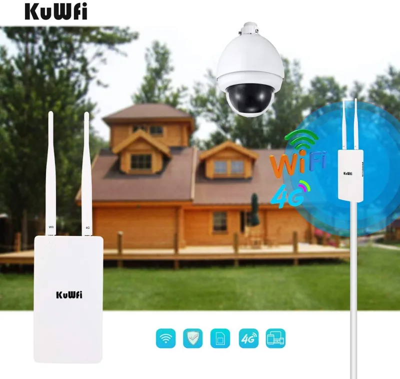 KuWFi Waterproof Outdoor 4G Router 150Mbps CAT4 LTE Routers 3G/4G SIM Card WiFi Router Modem for IP Camera/Outside WiFi Coverage