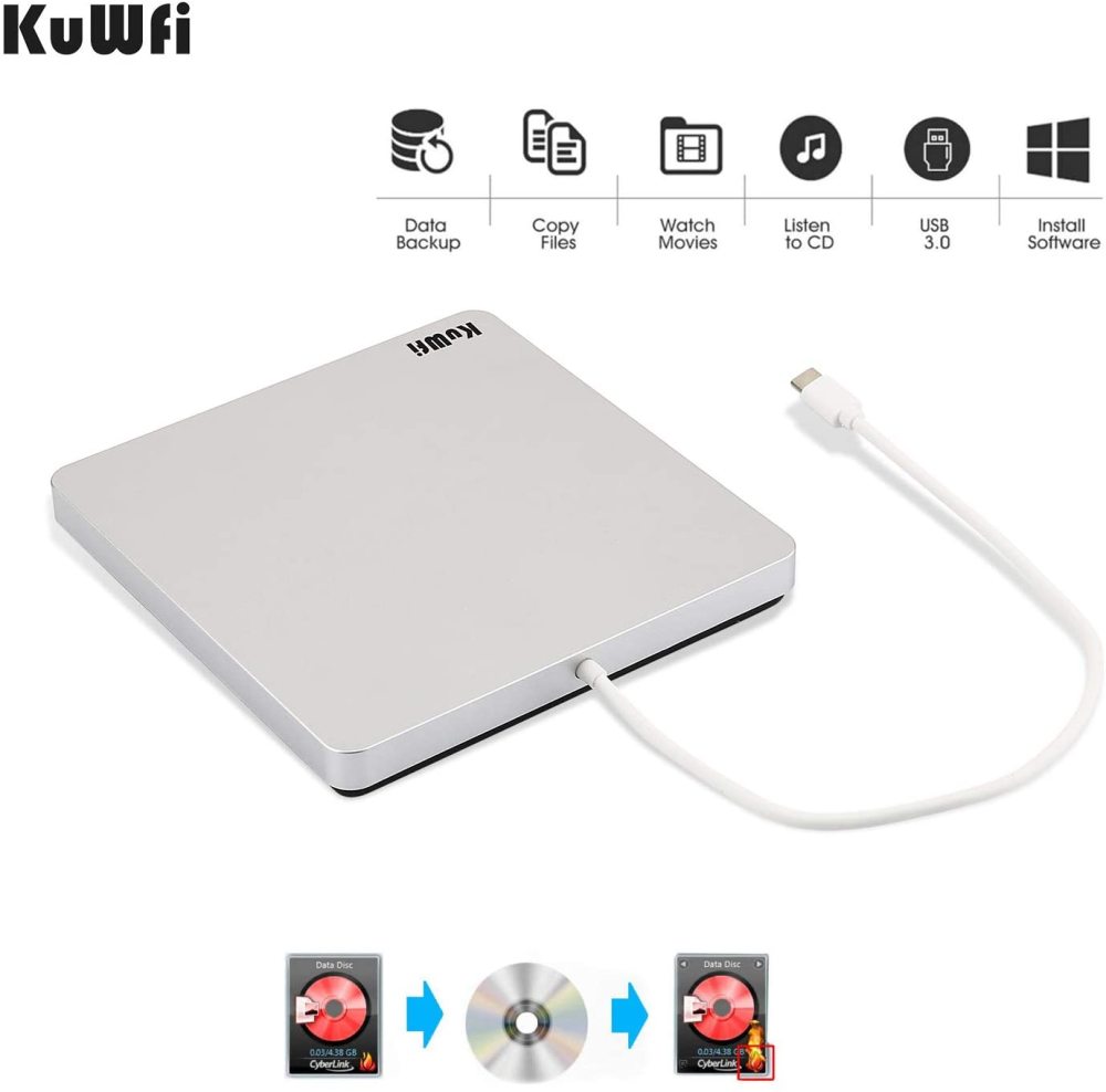 KuWFi Plug & Play Blu Ray Drive USB Type-C DVD/CD Burner is Powered by the USB type C, With touch eject button, slot-loading; No driver program or ext