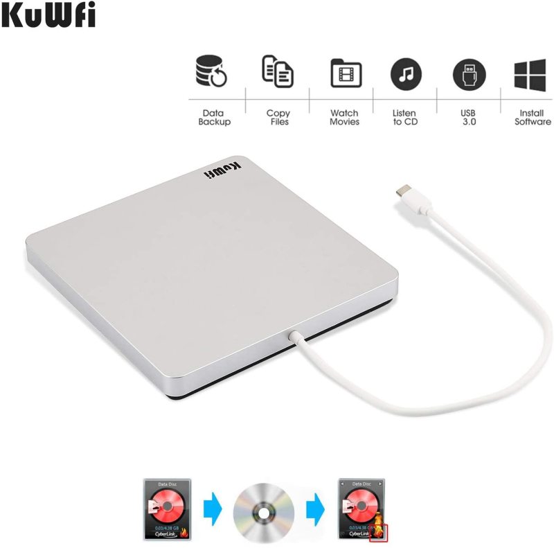 KuWFi Plug &amp; Play Blu Ray Drive USB Type-C DVD/CD Burner is Powered by the USB type C, With touch eject button, slot-loading; No driver program or ext