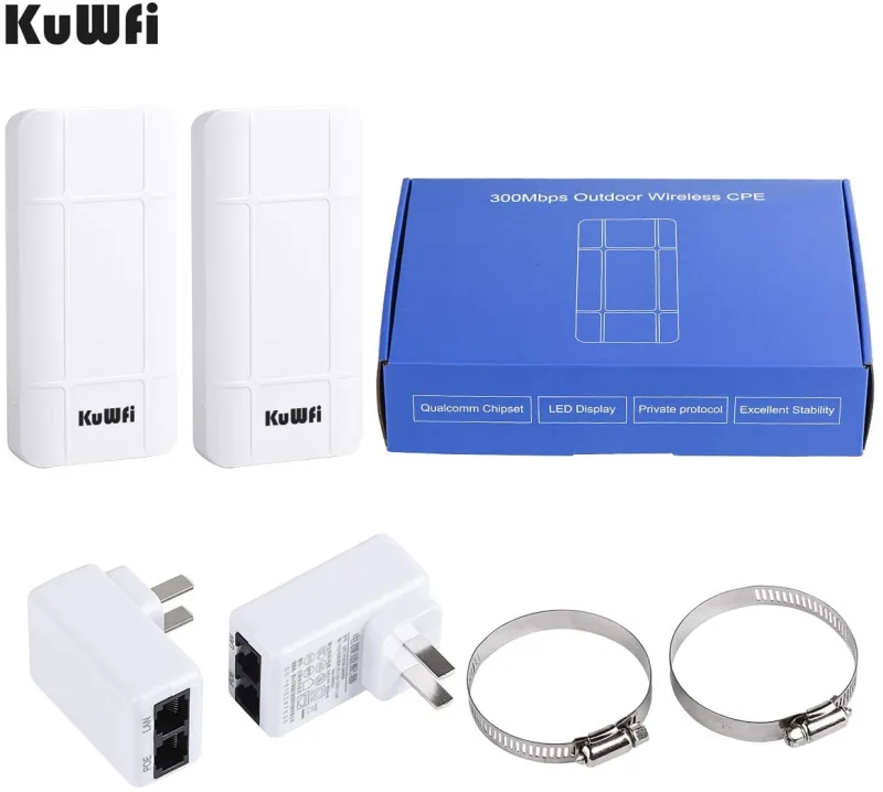 KuWFi 2-Pack Long Range WiFi Extender Outdoor Wireless Bridge 2.4GHz 300Mbps Pre-configured Nano Station Indoor &amp; Outdoor Point to Point Wireless Brid