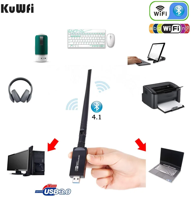 KuWFi Dual Band  4.1 WiFi USB Adapter, Wireless AC 1200Mbps 5GHz WiFi USB 3.0 LAN Adapter High Gain Antenna Network Card for Windows Linux Systems