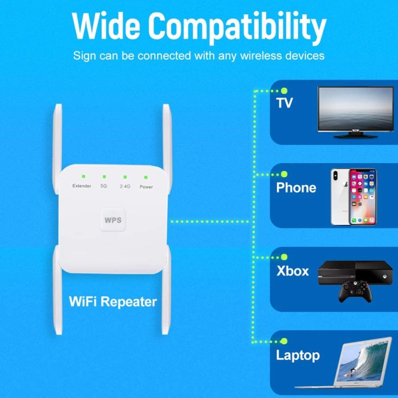 KuWFi WiFi Range Extender 2.4/5.8GHz Dual Band 1200Mbps Wireless Internet WiFi Booster/Amplifier/Repeater with WPS Extend WiFi Signal to Smart Home De