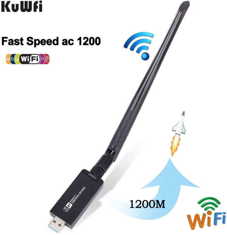 KuWFi Dual Band  4.1 WiFi USB Adapter, Wireless AC 1200Mbps 5GHz WiFi USB 3.0 LAN Adapter High Gain Antenna Network Card for Windows Linux Systems