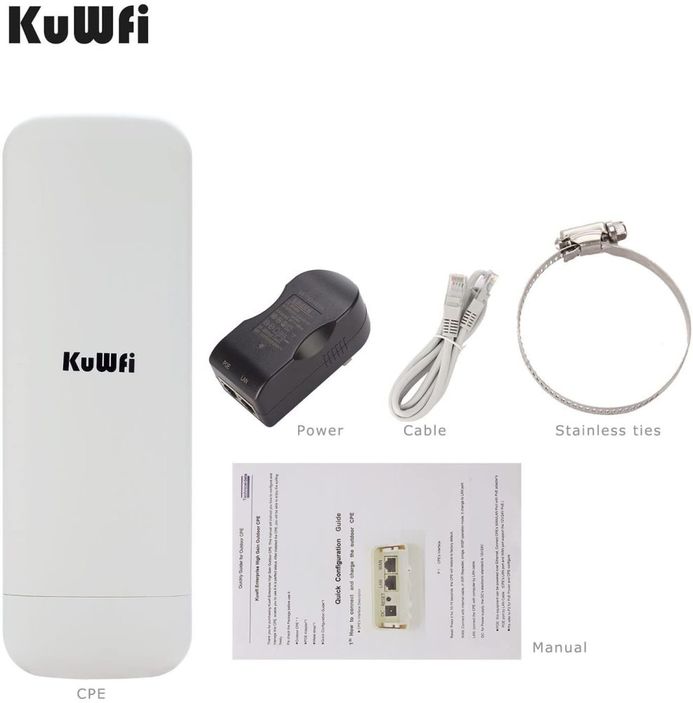 KuWFi 900Mbps 5.8G Outdoor Bridge, Waterproof Outdoor CPE 1W High Power 3-5KM Long Range Wireless Outdoor AP Access Point CPE with POE Adapter &15dbi