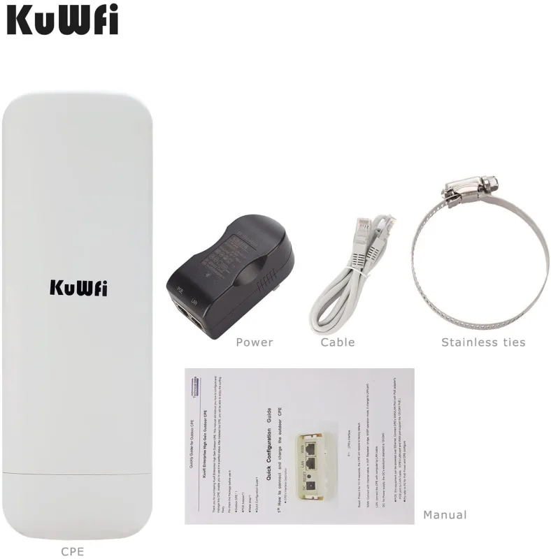 KuWFi 900Mbps 5.8G Outdoor Bridge, Waterproof Outdoor CPE 1W High Power 3-5KM Long Range Wireless Outdoor AP Access Point CPE with POE Adapter &amp;15dbi