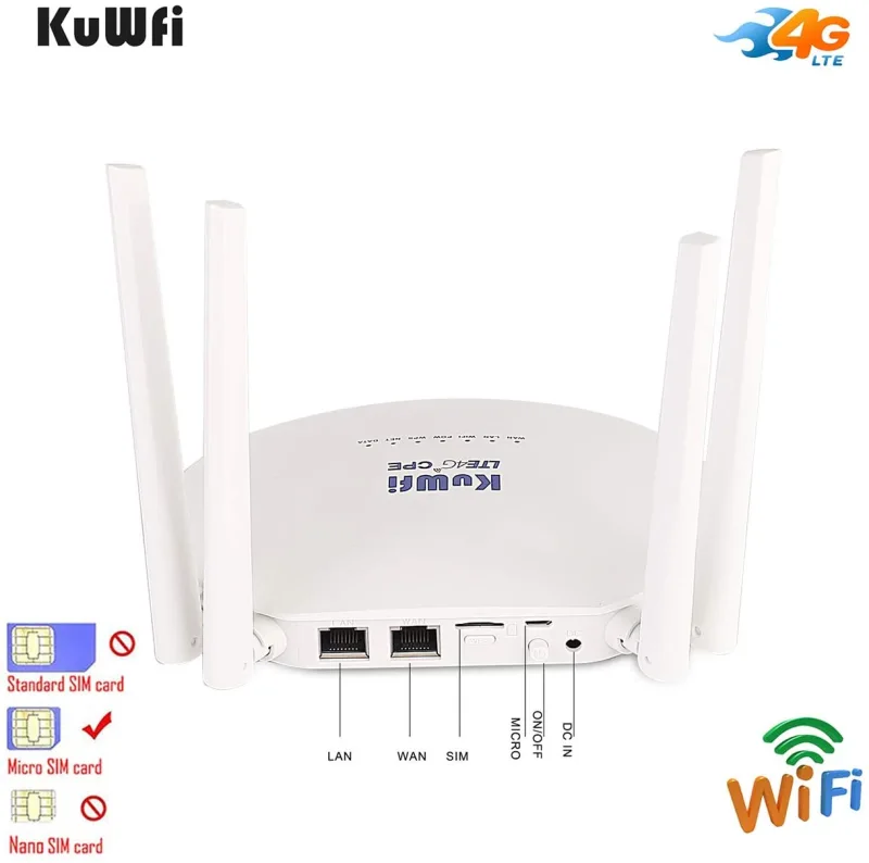 KuWFi 4G LTE SIM Router Wireless WiFi Internet 300Mbps Unlocked with 4pcs  Non-Detachable Antennas Mobile WiFi Hotspot support network band B2/B4/B5/B