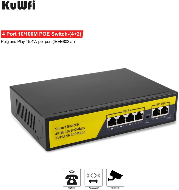 KuWFi firmware  6-Port Ethernet Network Switch 2 Port Uplink 802.3AT/AF 72W Cat5 Unmanaged Metal Smart Desktop Network Power Over Ethernet Injector Sp