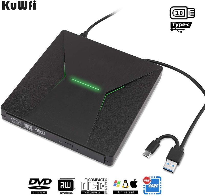KuWFi firmware  External CD DVD Drive, Type C USB 3.0 CD DVD Burner Drive Writer Player with CD/DVD +/-Rw Optical Drive for MAC OS/Laptop/Windows 10/8