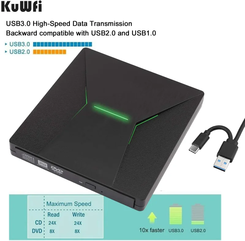 KuWFi firmware  External CD DVD Drive, Type C USB 3.0 CD DVD Burner Drive Writer Player with CD/DVD +/-Rw Optical Drive for MAC OS/Laptop/Windows 10/8