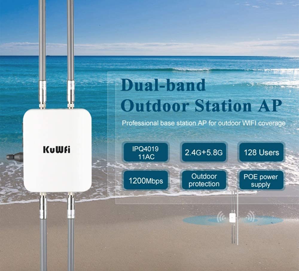 KuWFi Wireless Outdoor Access Point AP Router 1200Mbps Gigabit 802.11AC Dual Band WiFi with 4x8 dBi Antenna WiFi Cover Base Station High Power WiFi Co