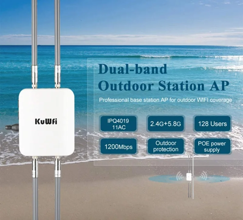 KuWFi Wireless Outdoor Access Point AP Router 1200Mbps Gigabit 802.11AC Dual Band WiFi with 4x8 dBi Antenna WiFi Cover Base Station High Power WiFi Co