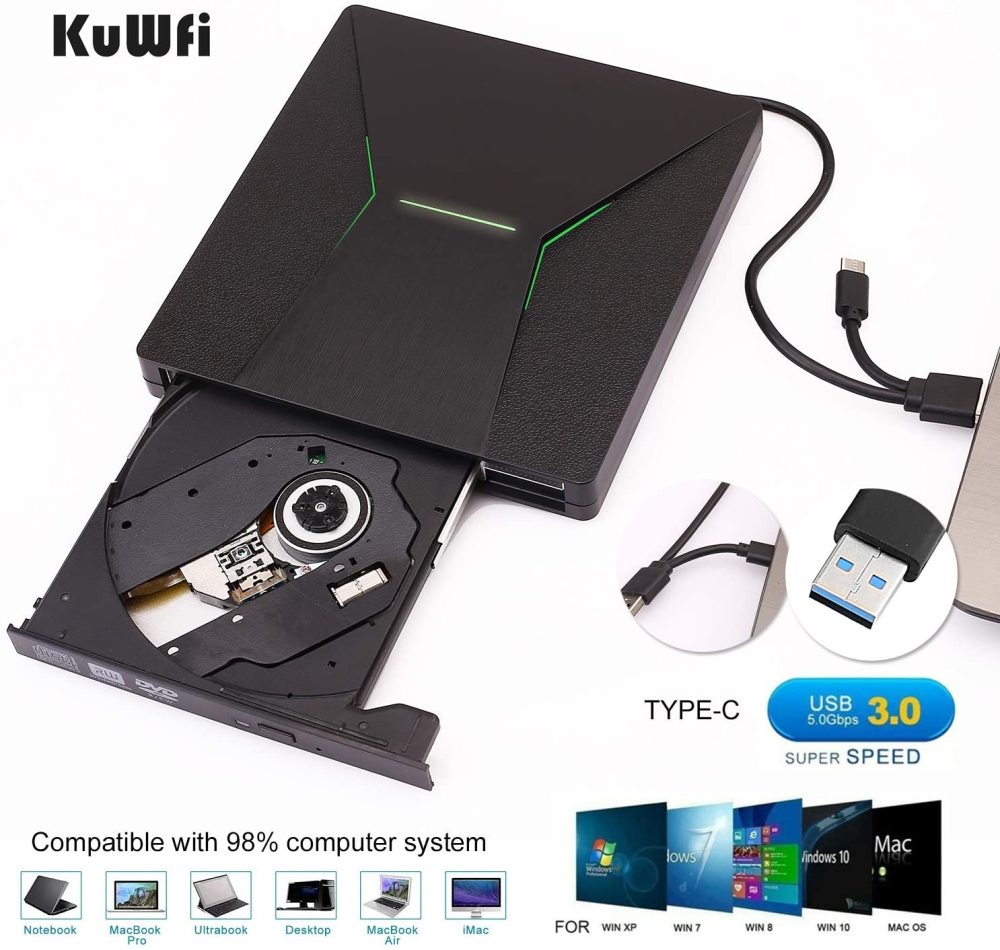 KuWFi firmware  External CD DVD Drive, Type C USB 3.0 CD DVD Burner Drive Writer Player with CD/DVD +/-Rw Optical Drive for MAC OS/Laptop/Windows 10/8