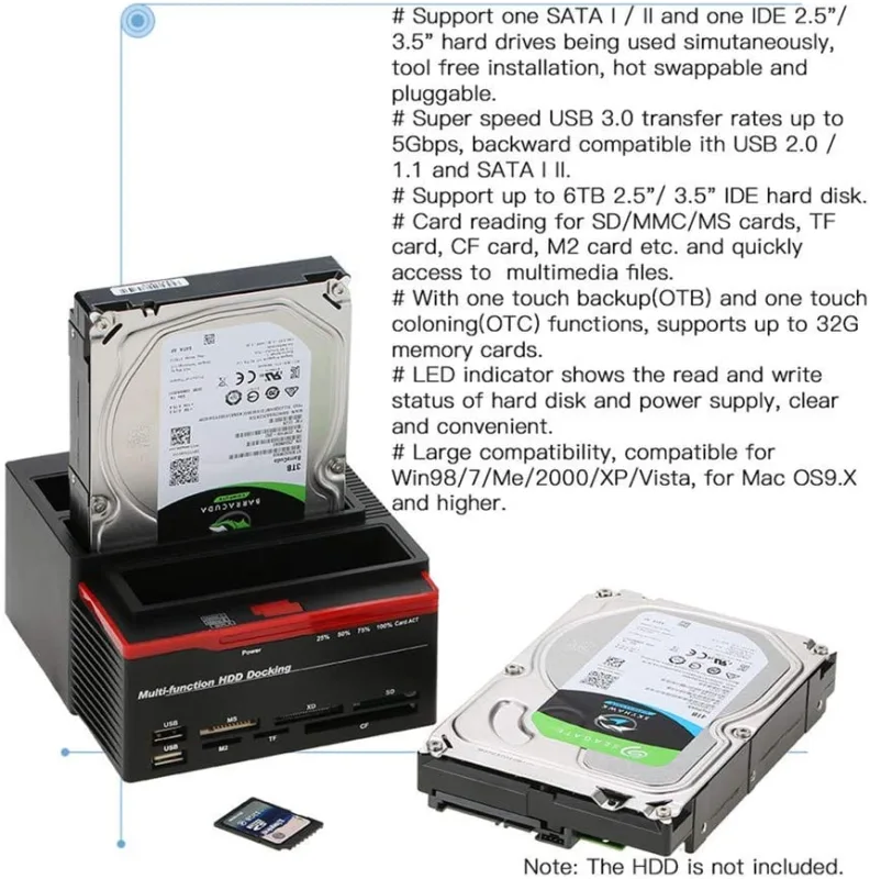 2.5&quot;/3.5&quot; USB 3.0 to 2 SATA Ports 1 IDE Port External HDD Hard Drive Docking Station Card Reader USB3.0 Hub with OTB/OTC Offline