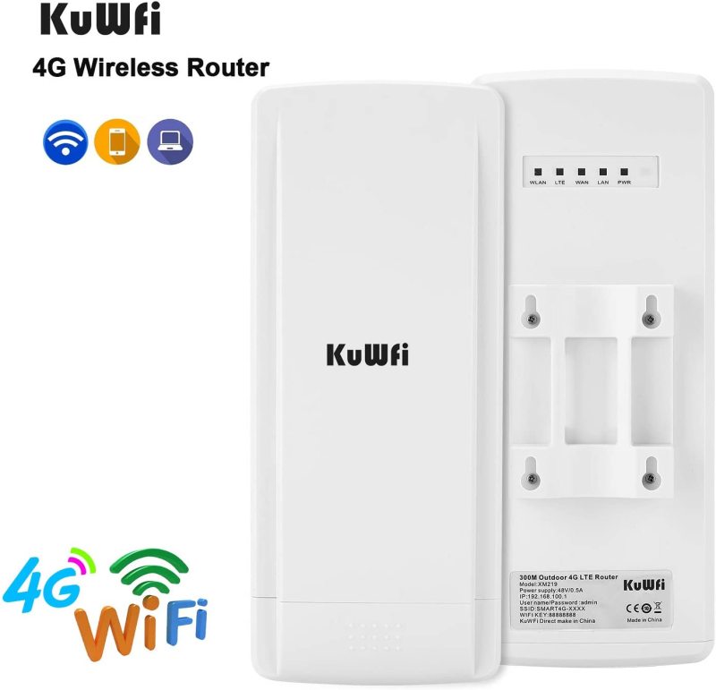 KuWFi Outdoor 4G LTE Router with 48V POE Adapter Outdoor Waterproof 4G LTE CPE Router with Sim Card Slot Bridge/Wireless ISP Mode Support B2/B4/B5/B12