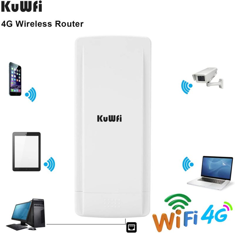 KuWFi Outdoor 4G LTE Router with 48V POE Adapter Outdoor Waterproof 4G LTE CPE Router with Sim Card Slot Bridge/Wireless ISP Mode Support B2/B4/B5/B12