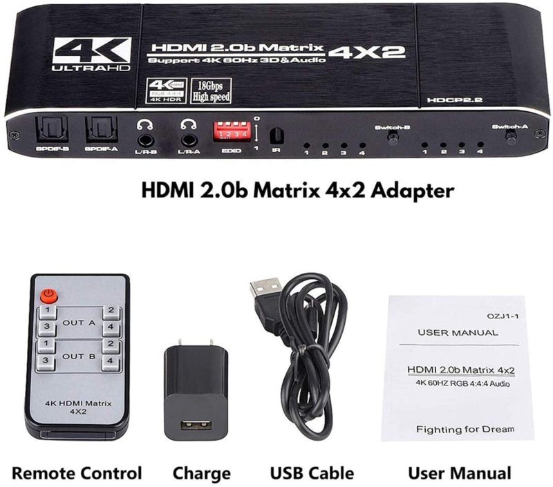KuWFi HDMI Matrix 4x2, HDMI witch Splitter Support HDCP 2.2 IR Remote Control HDMI Switch 4x2 Spdif 4K HDMI 4x2 Matrix Switch (4K@60Hz Matrix)
