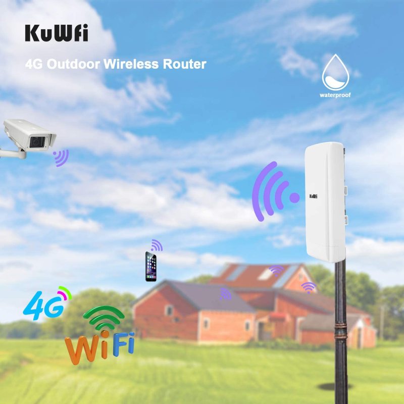 KuWFi Outdoor 4G LTE Router with 48V POE Adapter Outdoor Waterproof 4G LTE CPE Router with Sim Card Slot Bridge/Wireless ISP Mode Support B2/B4/B5/B12