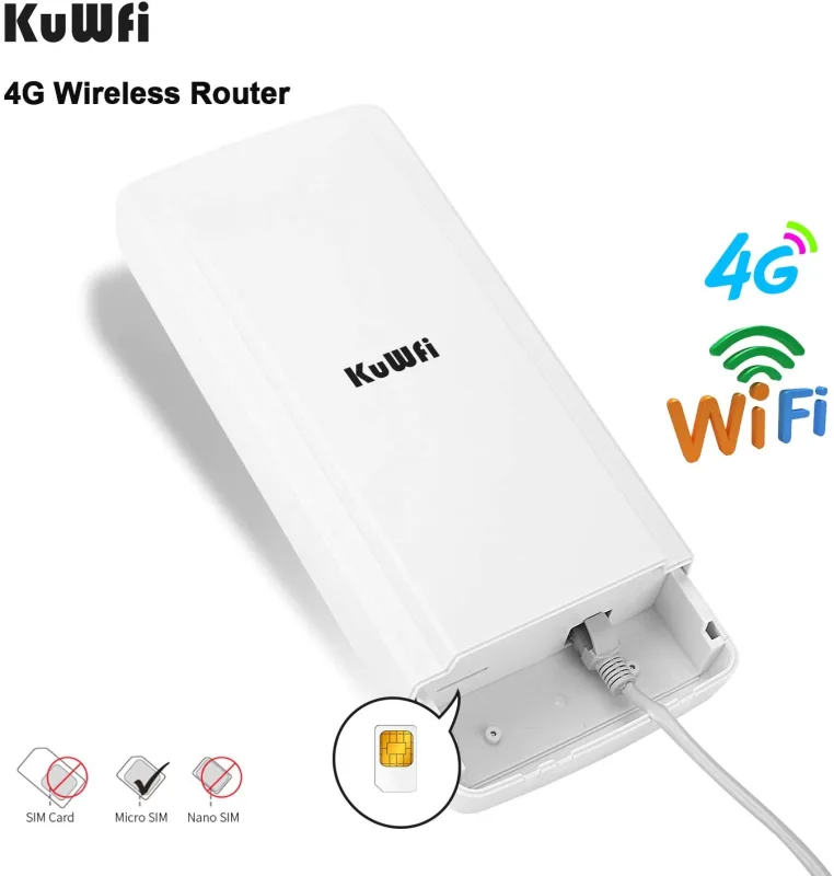 KuWFi Outdoor 4G LTE Router with 48V POE Adapter Outdoor Waterproof 4G LTE CPE Router with Sim Card Slot Bridge/Wireless ISP Mode Support B2/B4/B5/B12