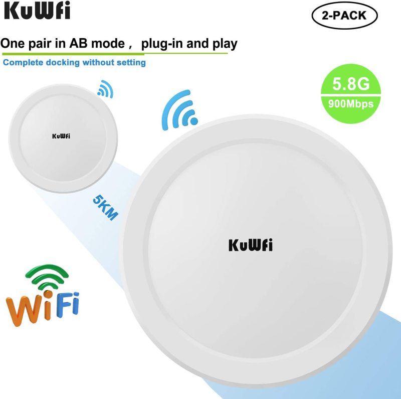 KuWFi Long Range WiFi Bridge 11ac Outdoor Access Point to Point Wireless Bridge High Speeds 5.8G 900M Support PoE 2-Packs