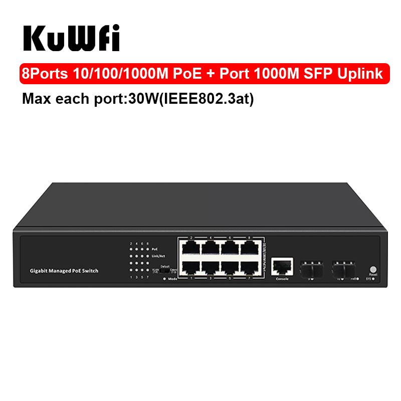 10 Ports POE Gigabit Switch 48V VLAN 10/100/1000Mbps 8 POE 1000M