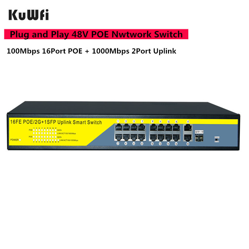 16Port POE Network Switch Gigabit 48V POE Switch RJ45 Hub LAN Splitters 10/100/1000Mbps Switcher ,Plug and Play ,Easy Setup