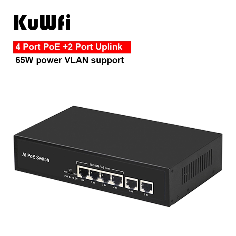 KuWFi 6Port POE Switch Support 802.3af/at IP Cameras and Wireless AP 10/100Mbps Standard Network Switch Extend 250m