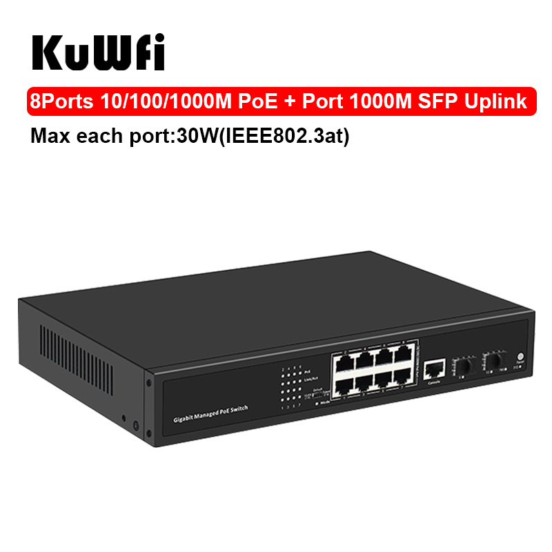 KuWFi 10 Port Gigabit Layer 2 Managed POE Switch 10/100/1000Mbps RJ45 Hub for IP Cameara Transmission Distance 100 Meters