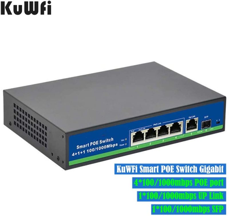 KuWFi Gigabit Ethernet Network Switch 1 Port Uplink 1 SFP Metal Smart Desktop Network Power Over Ethernet Injector for IP Camera and Access Points -48