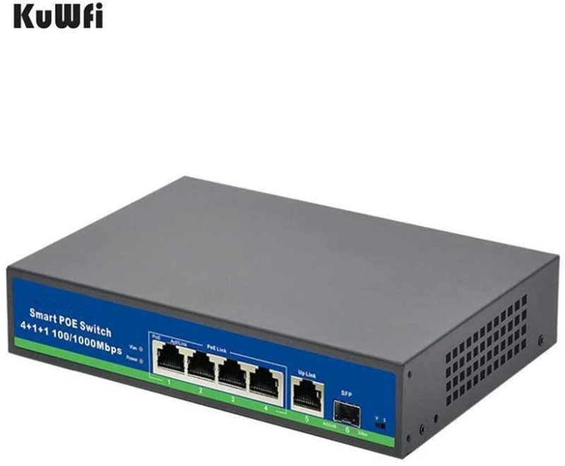 KuWFi Gigabit Ethernet Network Switch 1 Port Uplink 1 SFP Metal Smart Desktop Network Power Over Ethernet Injector for IP Camera and Access Points -48