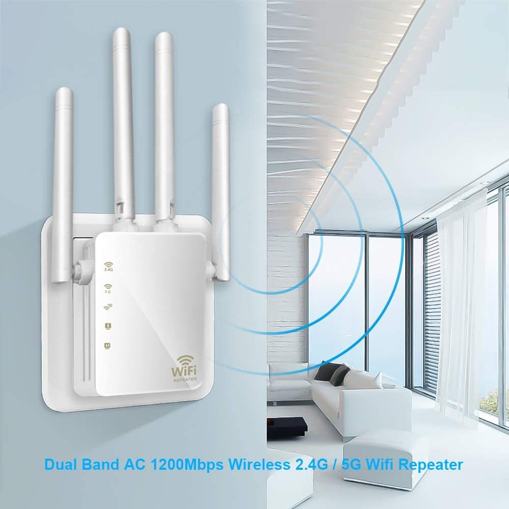 KuWFi WiFi Range Extender 1200Mbps Repeater with Ethernet Ports 2.4 & 5GHz Dual Band Signal Booster for The House