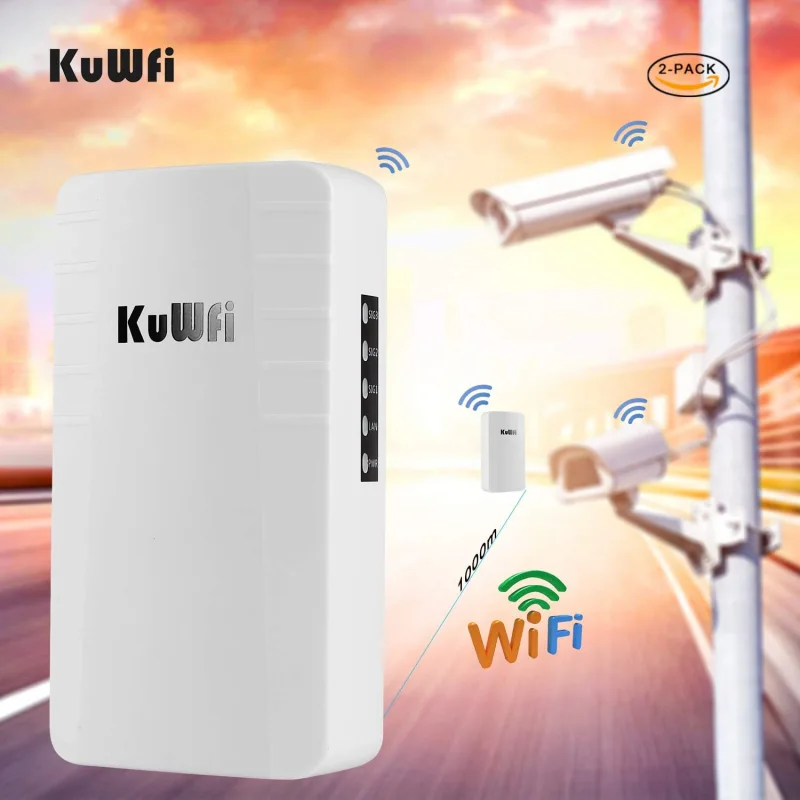 KuWFi Point to Point Wireless WiFi Bridge Outdoor CPE Kit 2.4G 300Mbps Waterproof Long Range WiFi Extender with Ethernet Port